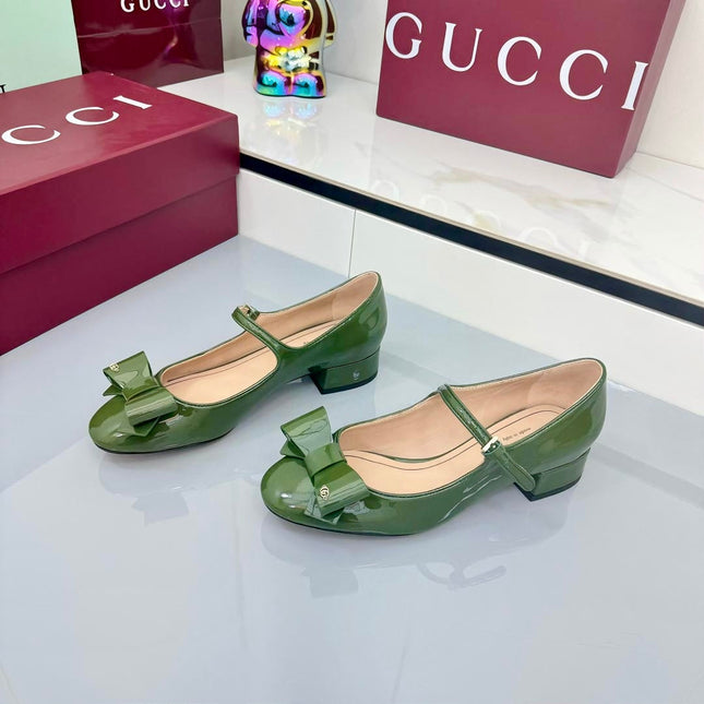 GG MARY JANE 25S IN MOSS GREEN LAMBSKIN WITH BOW