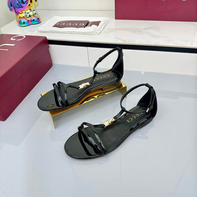 GG THONG SANDALS 25S IN BLACK LAMBSKIN WITH GOLD HARDWARE