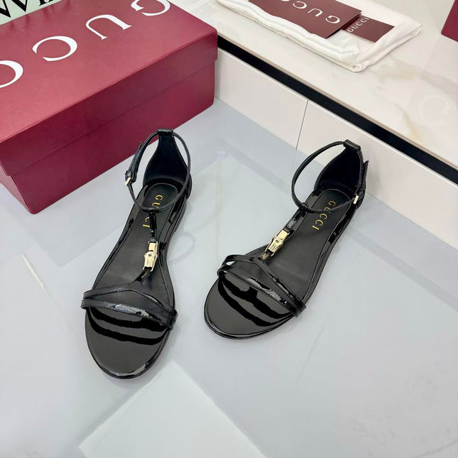 GG THONG SANDALS 25S IN BLACK LAMBSKIN WITH GOLD HARDWARE