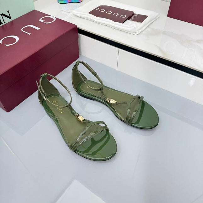 GG THONG SANDALS 25S IN DARK GREEN LAMBSKIN WITH GOLD HARDWARE