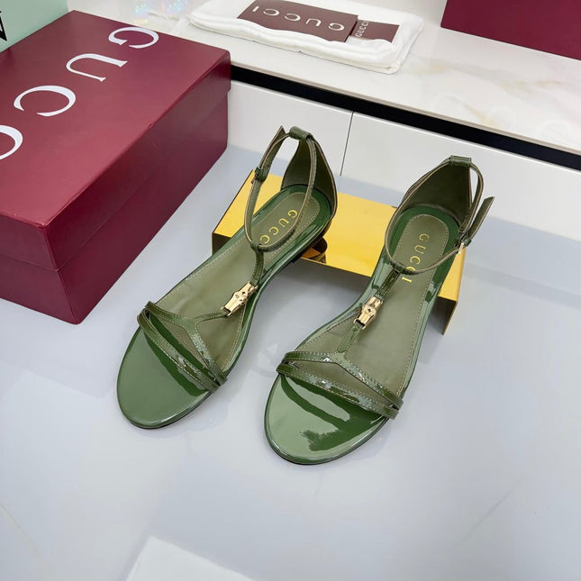 GG THONG SANDALS 25S IN DARK GREEN LAMBSKIN WITH GOLD HARDWARE