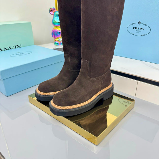 PRADA 25S HIGH BOOTS MARTIN 50MM IN DARK BROWN SUEDE WITH LOGO