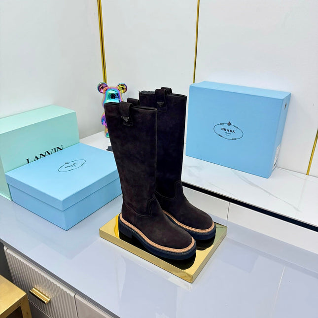PRADA 25S HIGH BOOTS MARTIN 50MM IN DARK BROWN SUEDE WITH LOGO