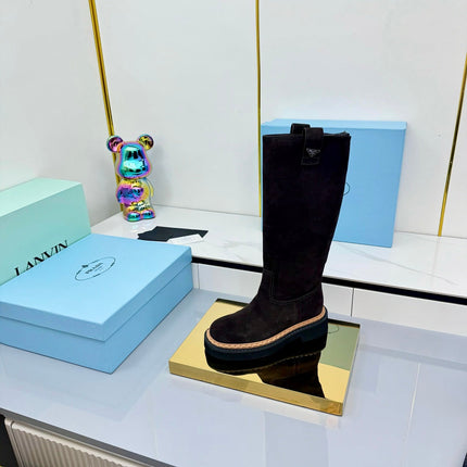 PRADA 25S HIGH BOOTS MARTIN 50MM IN DARK BROWN SUEDE WITH LOGO