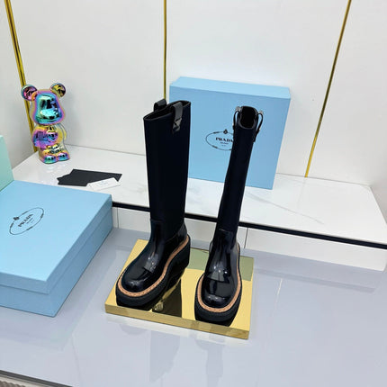 PRADA 25S HIGH BOOTS MARTIN 50MM IN BLACK GLOSSY CALFSKIN WITH LOGO