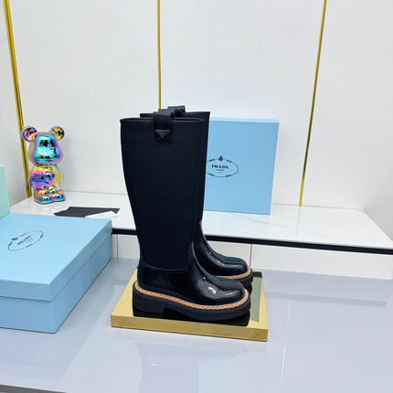 PRADA 25S HIGH BOOTS MARTIN 50MM IN BLACK GLOSSY CALFSKIN WITH LOGO