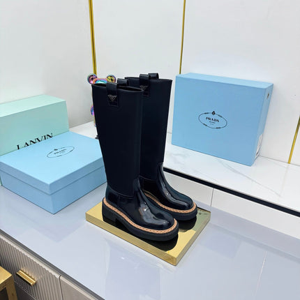 PRADA 25S HIGH BOOTS MARTIN 50MM IN BLACK GLOSSY CALFSKIN WITH LOGO