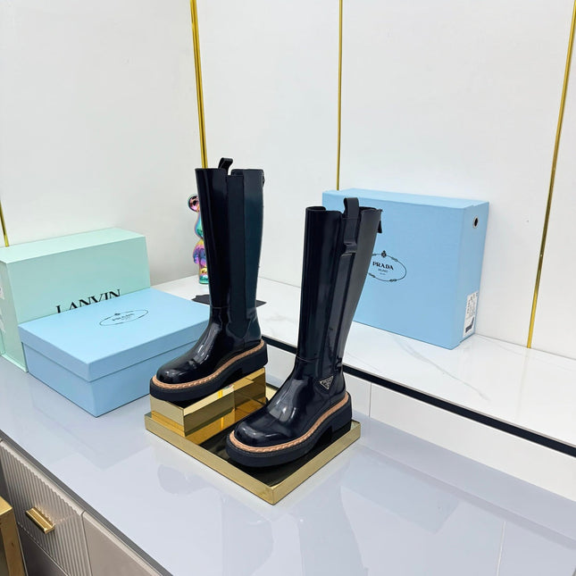 PRADA 25S TALL CHELSEA BOOTS 50MM IN BLACK GLOSSY CALFSKIN