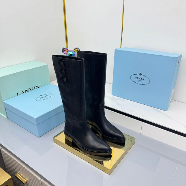 PRADA 25S CHUNKY SOLE TALL BOOTS MARTIN 50MM IN BLACK CALFSKIN