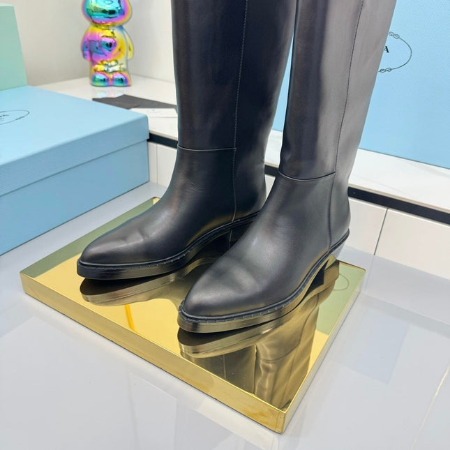 PRADA 25S CHUNKY SOLE TALL BOOTS MARTIN 50MM IN BLACK CALFSKIN