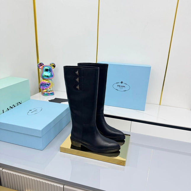 PRADA 25S CHUNKY SOLE TALL BOOTS MARTIN 50MM IN BLACK CALFSKIN