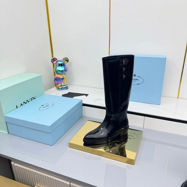 PRADA 25S CHUNKY SOLE TALL BOOTS MARTIN 50MM IN BLACK GLOSSY CALFSKIN