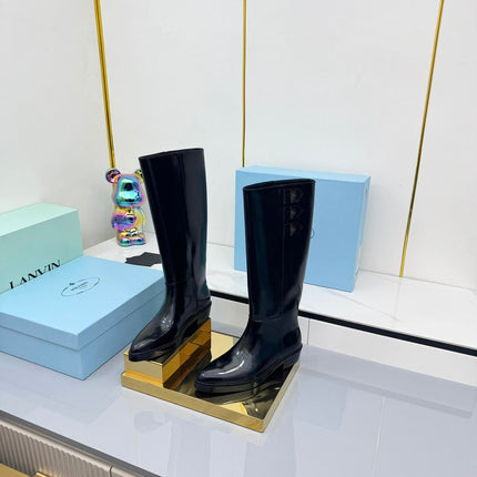 PRADA 25S CHUNKY SOLE TALL BOOTS MARTIN 50MM IN BLACK GLOSSY CALFSKIN