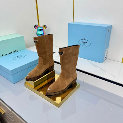 PRADA 25S POINTED TOE HIGH BOOTS 50MM IN DARK BROWN SUEDE WITH LOGO