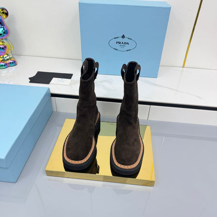 PRADA 25S HIGH MARTIN BOOTS 50MM IN DARK BROWN SUEDE