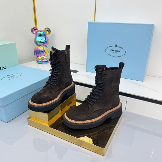 PRADA 25S LONG THICK SOLED MARTIN BOOTS 50MM IN DARK BROWN SUEDE