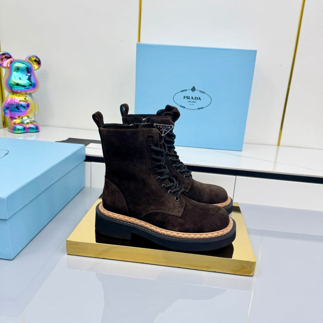 PRADA 25S LONG THICK SOLED MARTIN BOOTS 50MM IN DARK BROWN SUEDE