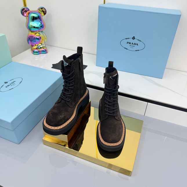 PRADA 25S LONG THICK SOLED MARTIN BOOTS 50MM IN DARK BROWN SUEDE