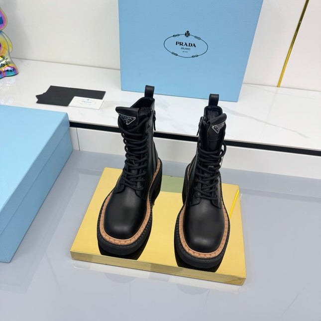 PRADA 25S LONG THICK SOLED MARTIN BOOTS 50MM IN BLACK CALFSKIN