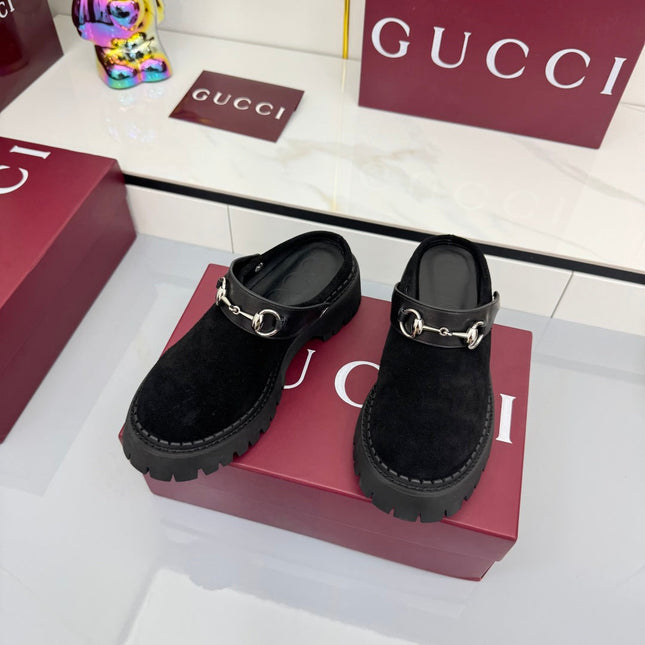 GG PLATFORM MULES 25S IN BLACK SUEDE
