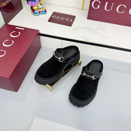 GG PLATFORM MULES 25S IN BLACK SUEDE