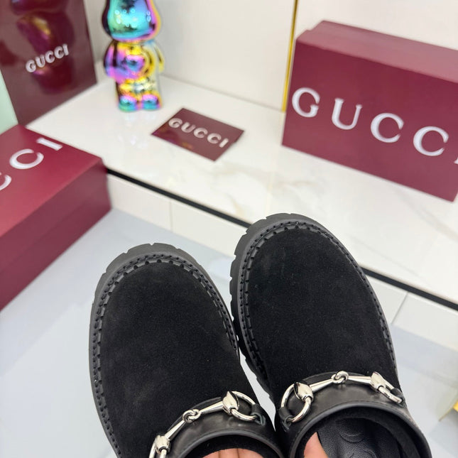 GG PLATFORM MULES 25S IN BLACK SUEDE