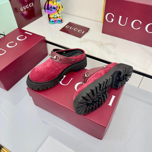 GG PLATFORM MULES 25S IN RED SUEDE