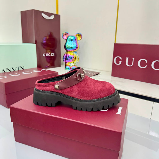 GG PLATFORM MULES 25S IN RED SUEDE