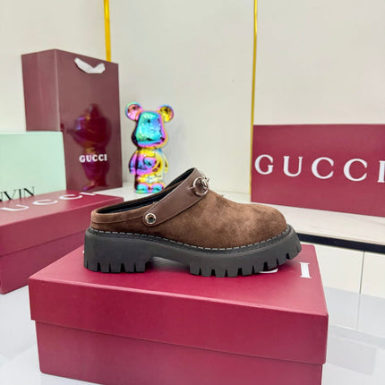 GG PLATFORM MULES 25S IN BROWN SUEDE