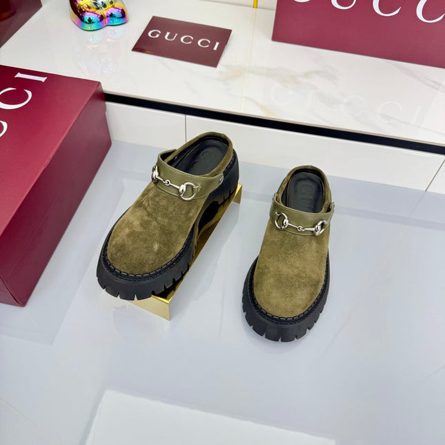 GG PLATFORM MULES 25S IN MOSS GREEN SUEDE