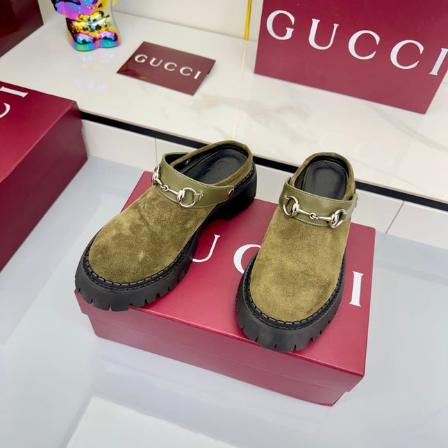 GG PLATFORM MULES 25S IN MOSS GREEN SUEDE