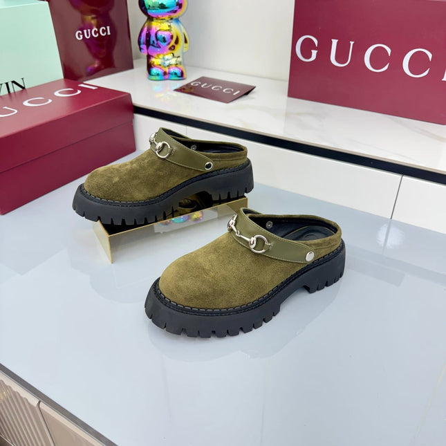 GG PLATFORM MULES 25S IN MOSS GREEN SUEDE