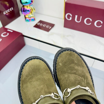 GG PLATFORM MULES 25S IN MOSS GREEN SUEDE