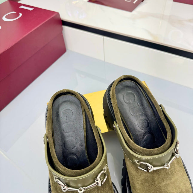 GG PLATFORM MULES 25S IN MOSS GREEN SUEDE