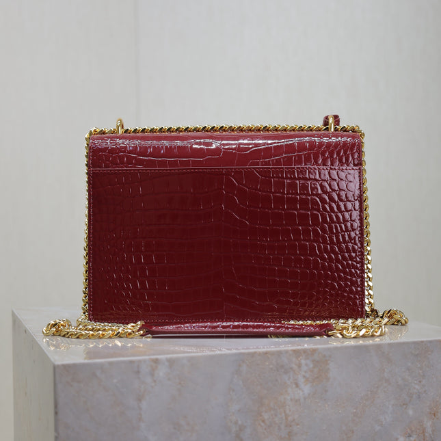 YSL 25S SUNSET MEDIUM 22 IN CRIMSON RED CROCODILE-EMBOSSED CALFSKIN GOLD HARDWRE