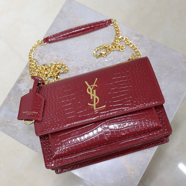 YSL 25S SUNSET MEDIUM 22 IN CRIMSON RED CROCODILE-EMBOSSED CALFSKIN GOLD HARDWRE