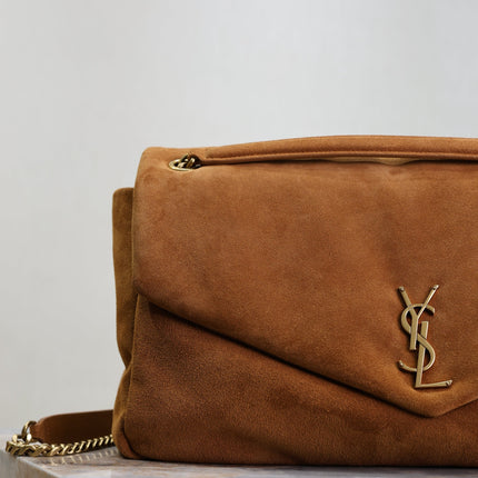 YSL 25S CALYPSO GM 38 IN DARK CARAMEL SUEDE GOLD HARDWRE