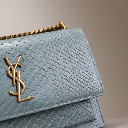 YSL 25S SUNSET MEDIUM 22 IN LIGHT BLUE CROCODILE-EMBOSSED CALFSKIN GOLD HARDWRE
