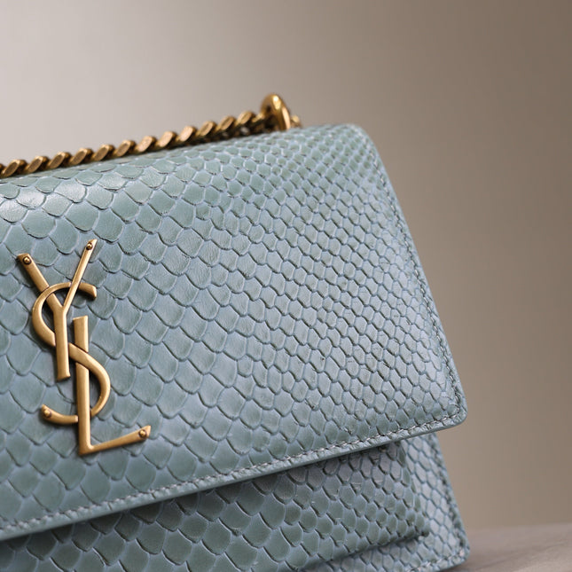 YSL 25S SUNSET MEDIUM 22 IN LIGHT BLUE CROCODILE-EMBOSSED CALFSKIN GOLD HARDWRE