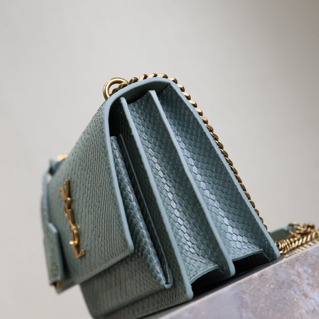 YSL 25S SUNSET MEDIUM 22 IN LIGHT BLUE CROCODILE-EMBOSSED CALFSKIN GOLD HARDWRE