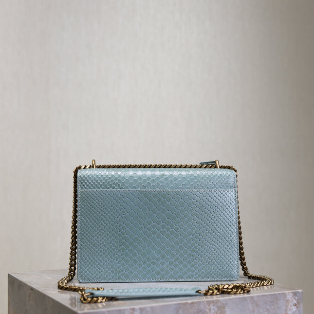 YSL 25S SUNSET MEDIUM 22 IN LIGHT BLUE CROCODILE-EMBOSSED CALFSKIN GOLD HARDWRE