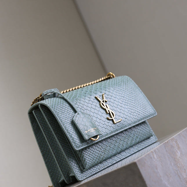 YSL 25S SUNSET MEDIUM 22 IN LIGHT BLUE CROCODILE-EMBOSSED CALFSKIN GOLD HARDWRE