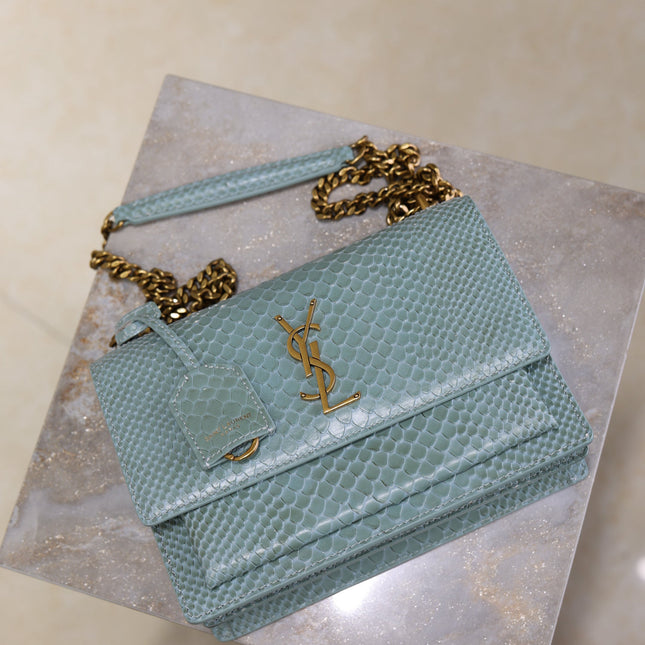 YSL 25S SUNSET MEDIUM 22 IN LIGHT BLUE CROCODILE-EMBOSSED CALFSKIN GOLD HARDWRE