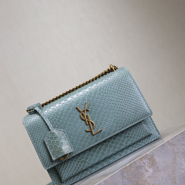 YSL 25S SUNSET MEDIUM 22 IN LIGHT BLUE CROCODILE-EMBOSSED CALFSKIN GOLD HARDWRE