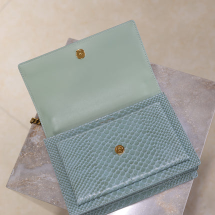 YSL 25S SUNSET MEDIUM 22 IN LIGHT BLUE CROCODILE-EMBOSSED CALFSKIN GOLD HARDWRE