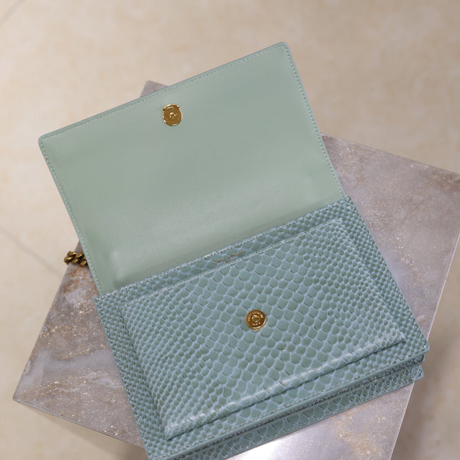 YSL 25S SUNSET MEDIUM 22 IN LIGHT BLUE CROCODILE-EMBOSSED CALFSKIN GOLD HARDWRE