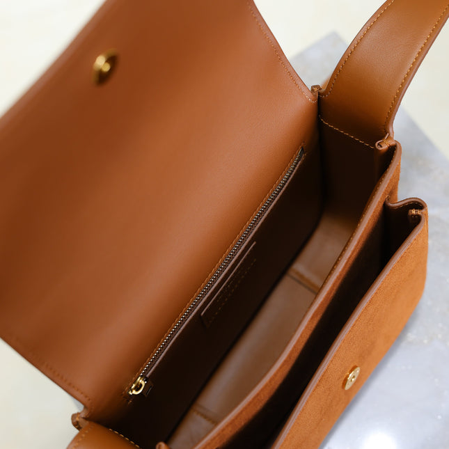 YSL 25S NIKI SATCHEL 22 IN DARK CARAMEL SUEDE GOLD HARDWRE