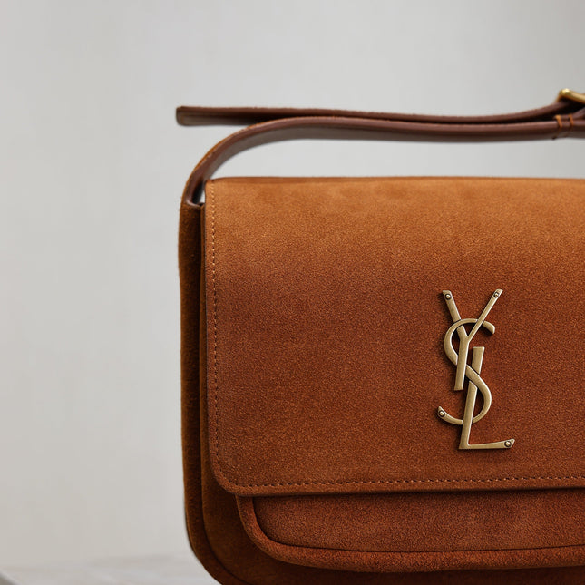 YSL 25S NIKI SATCHEL 22 IN DARK CARAMEL SUEDE GOLD HARDWRE