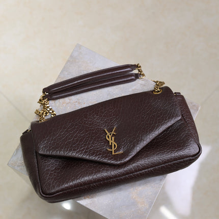YSL 25S CALYPSO 30 IN DARK CHOCOLATE GRAINED CALFSKIN GOLD HARDWRE