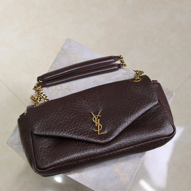 YSL 25S CALYPSO 30 IN DARK CHOCOLATE GRAINED CALFSKIN GOLD HARDWRE